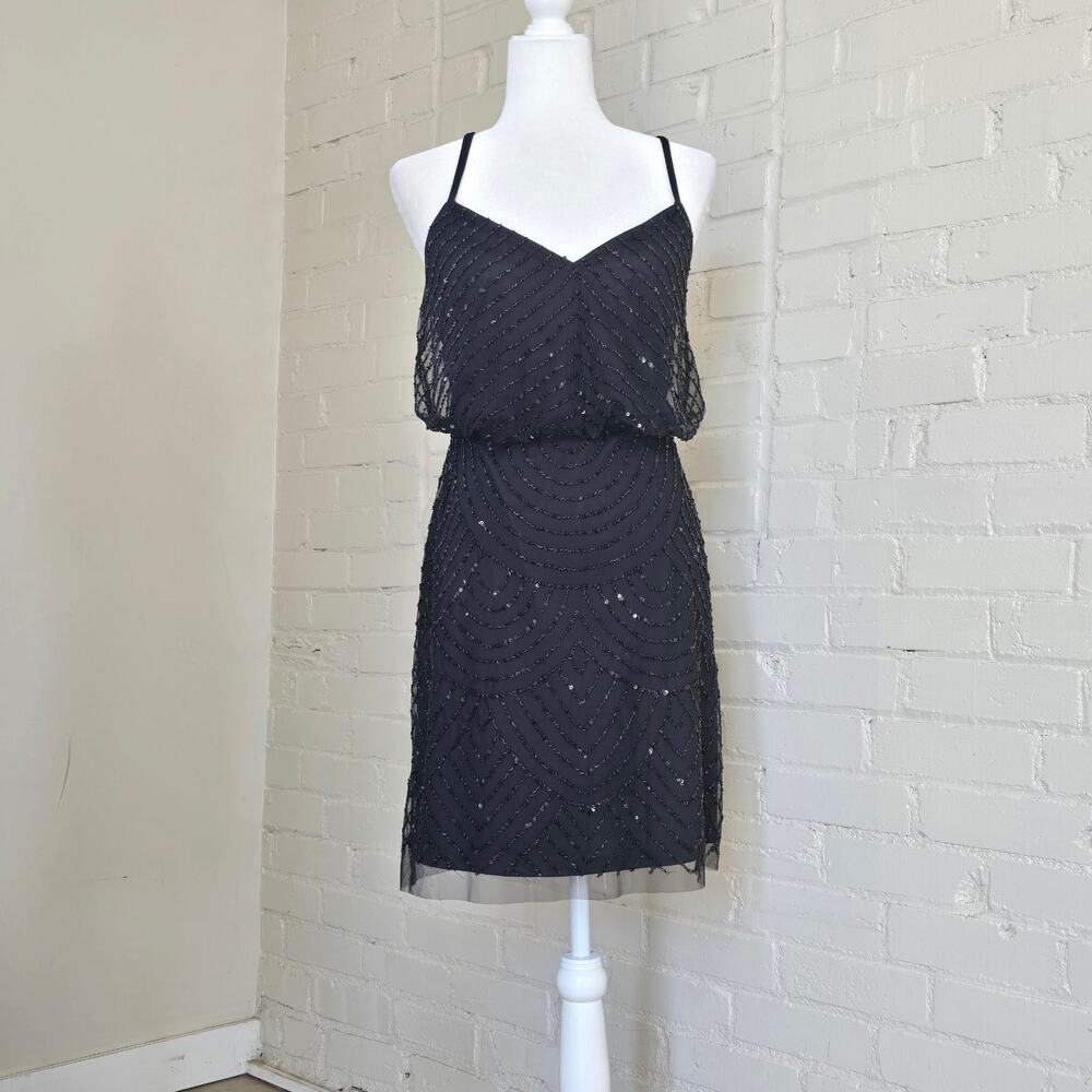 ​Adrianna Papell Black Beaded Art Deco Mini Dress | Size 6 | Whimsigoth Gatsby